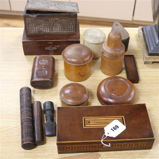 A marquetry glove box and other treen